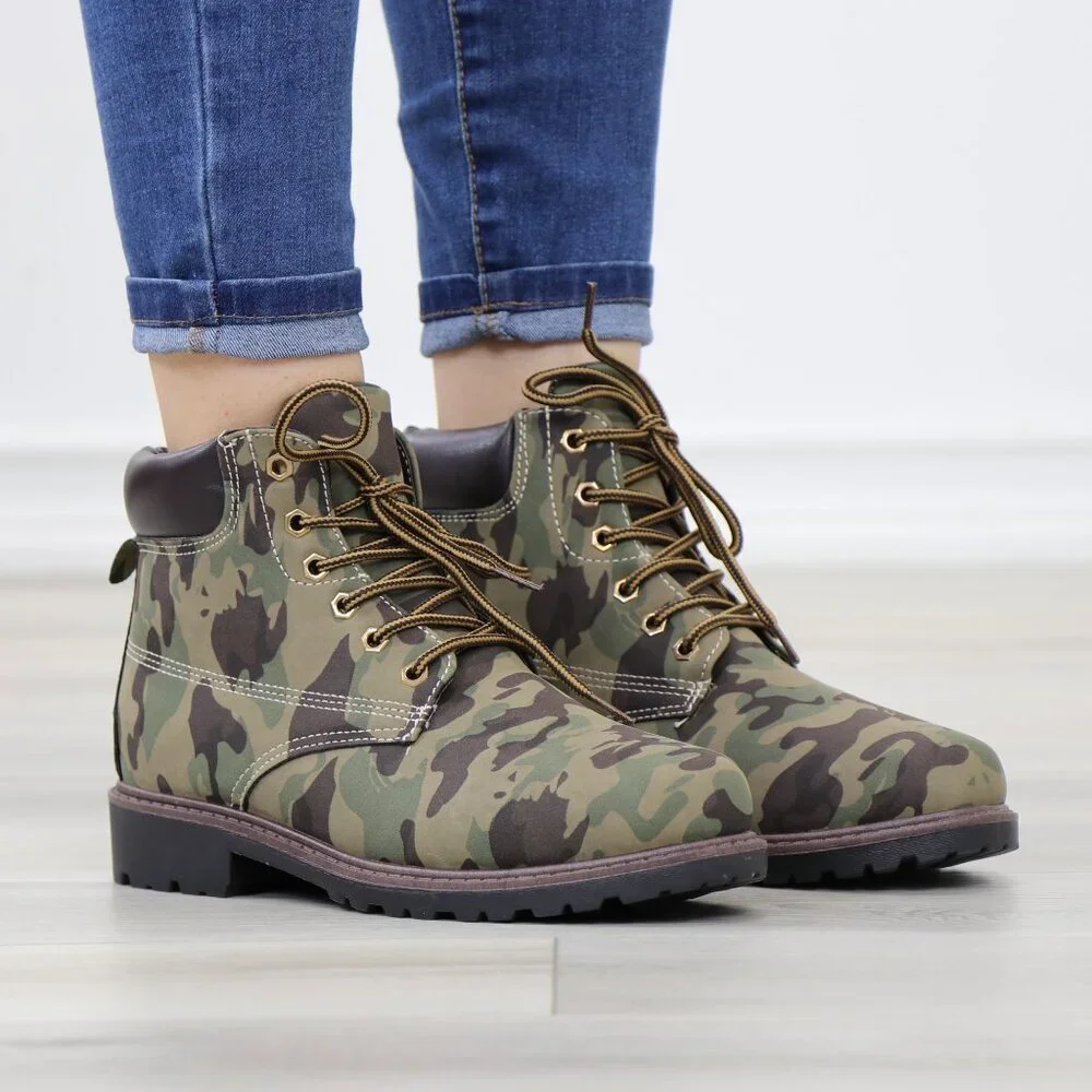 Women's Camouflage Combat Lace-up Ankle Boots Low Heel Casual Short Booties - Picture 3 of 15